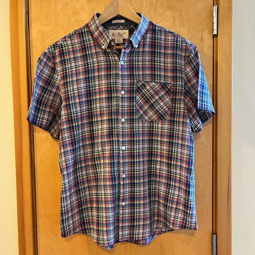 🔥 Original Penguin Plaid Short Sleeve Button-Up – Size L (Slim Fit)